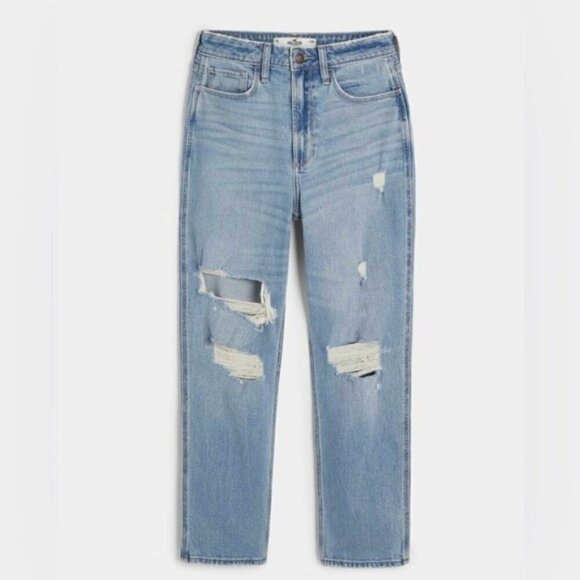 Hollister-Curvy High-Rise Ripped Mom Jeans-Light Medium Ripped Wash-00R/24W. NWT - Picture 10 of 12